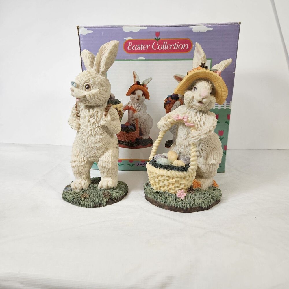 Vintage Easter Bunnies Pair Couple Collection Resin figurines Basket of Eggs - Picture 2 of 15